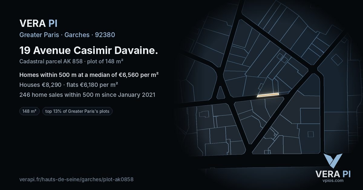 19 Avenue Casimir Davaine, Garches at night – the plot lit, the parcels around coloured by the prices near them