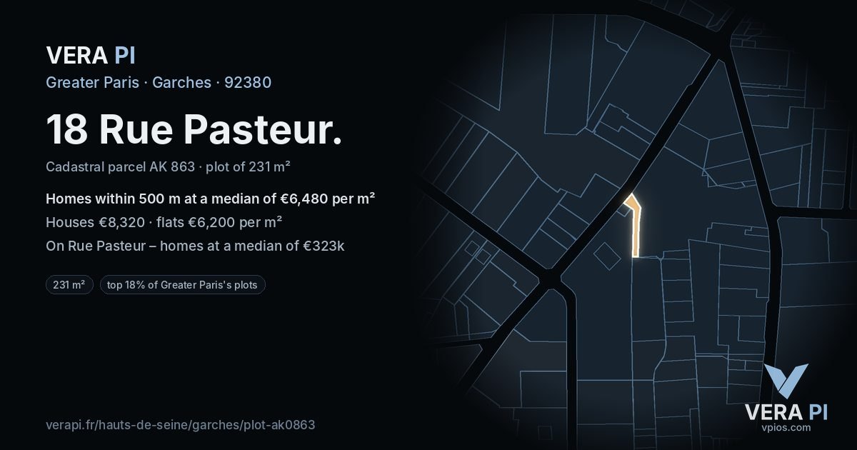 18 Rue Pasteur, Garches at night – the plot lit, the parcels around coloured by the prices near them