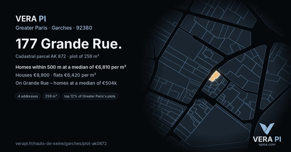 177 Grande Rue, Garches at night – the plot lit, the parcels around coloured by the prices near them