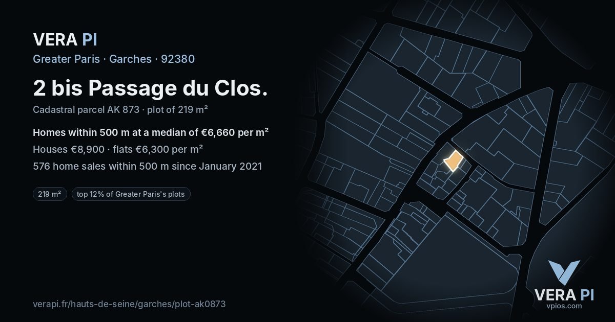 2 bis Passage du Clos, Garches at night – the plot lit, the parcels around coloured by the prices near them