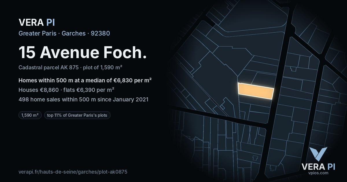 15 Avenue Foch, Garches at night – the plot lit, the parcels around coloured by the prices near them