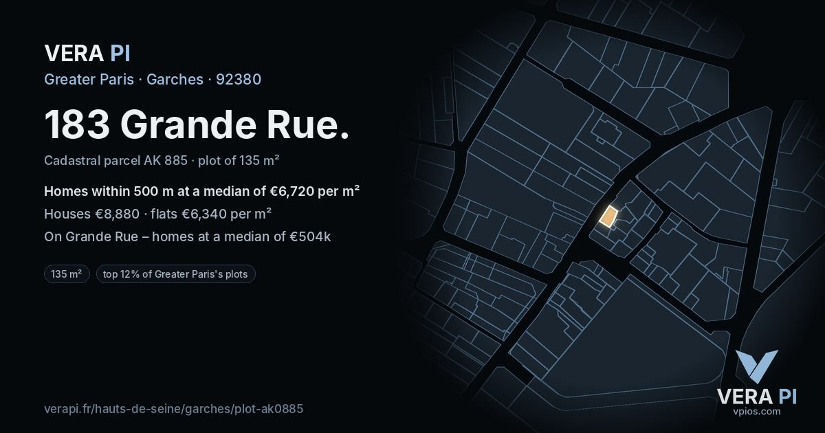 183 Grande Rue, Garches at night – the plot lit, the parcels around coloured by the prices near them