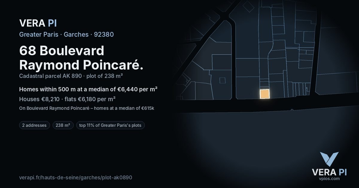 68 Boulevard Raymond Poincaré, Garches at night – the plot lit, the parcels around coloured by the prices near them
