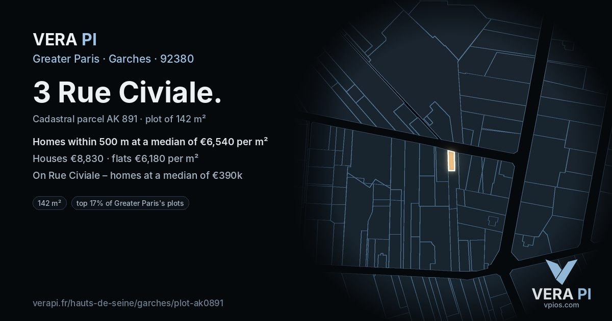 3 Rue Civiale, Garches at night – the plot lit, the parcels around coloured by the prices near them
