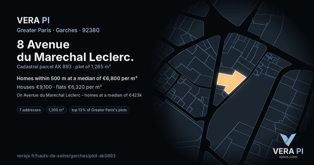 8 Avenue du Marechal Leclerc, Garches at night – the plot lit, the parcels around coloured by the prices near them