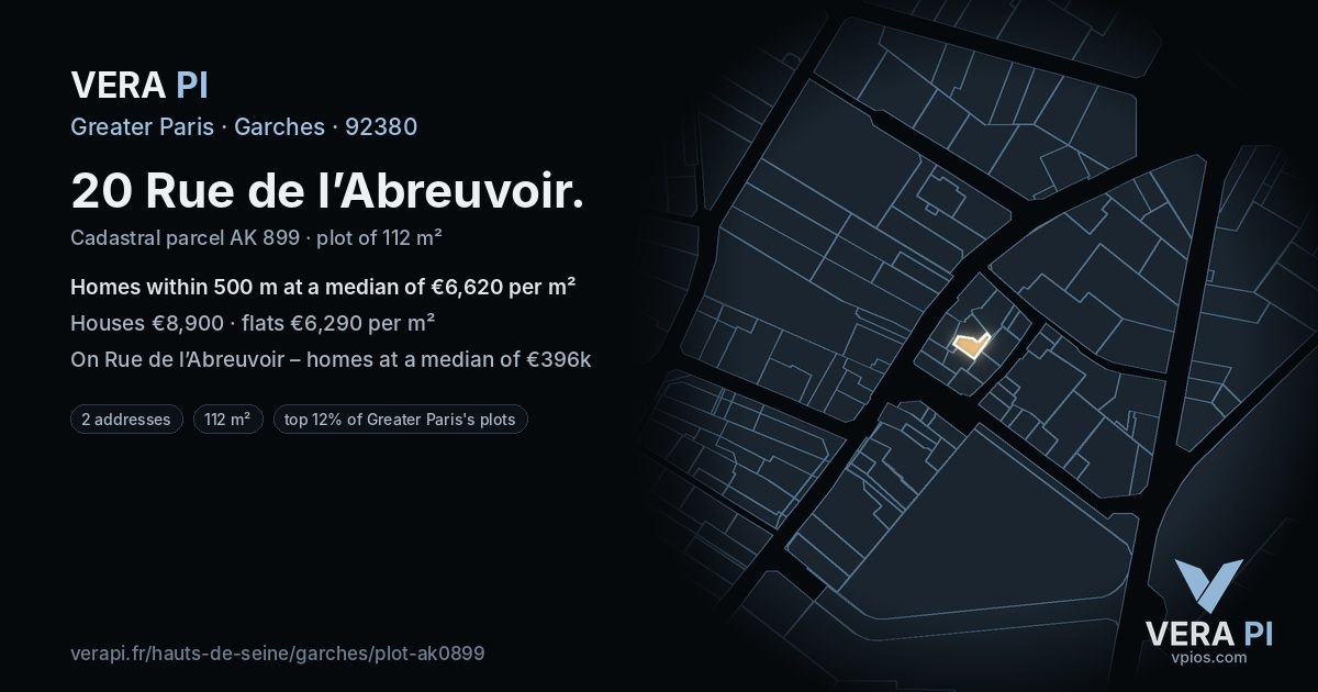 20 Rue de l’Abreuvoir, Garches at night – the plot lit, the parcels around coloured by the prices near them