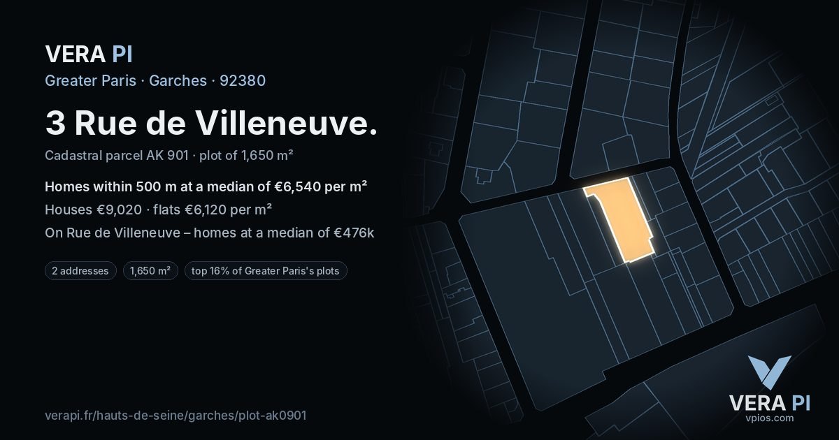 3 Rue de Villeneuve, Garches at night – the plot lit, the parcels around coloured by the prices near them
