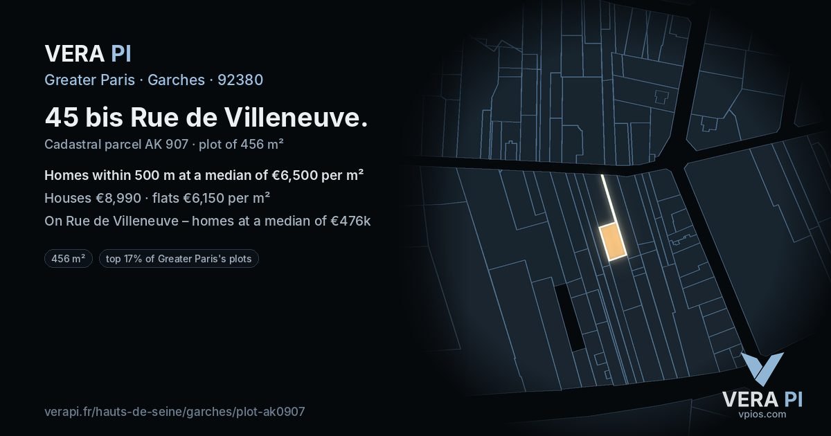 45 bis Rue de Villeneuve, Garches at night – the plot lit, the parcels around coloured by the prices near them