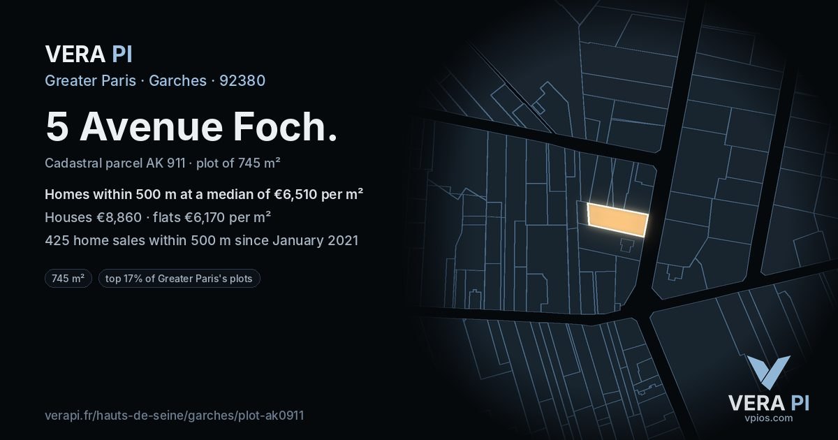 5 Avenue Foch, Garches at night – the plot lit, the parcels around coloured by the prices near them