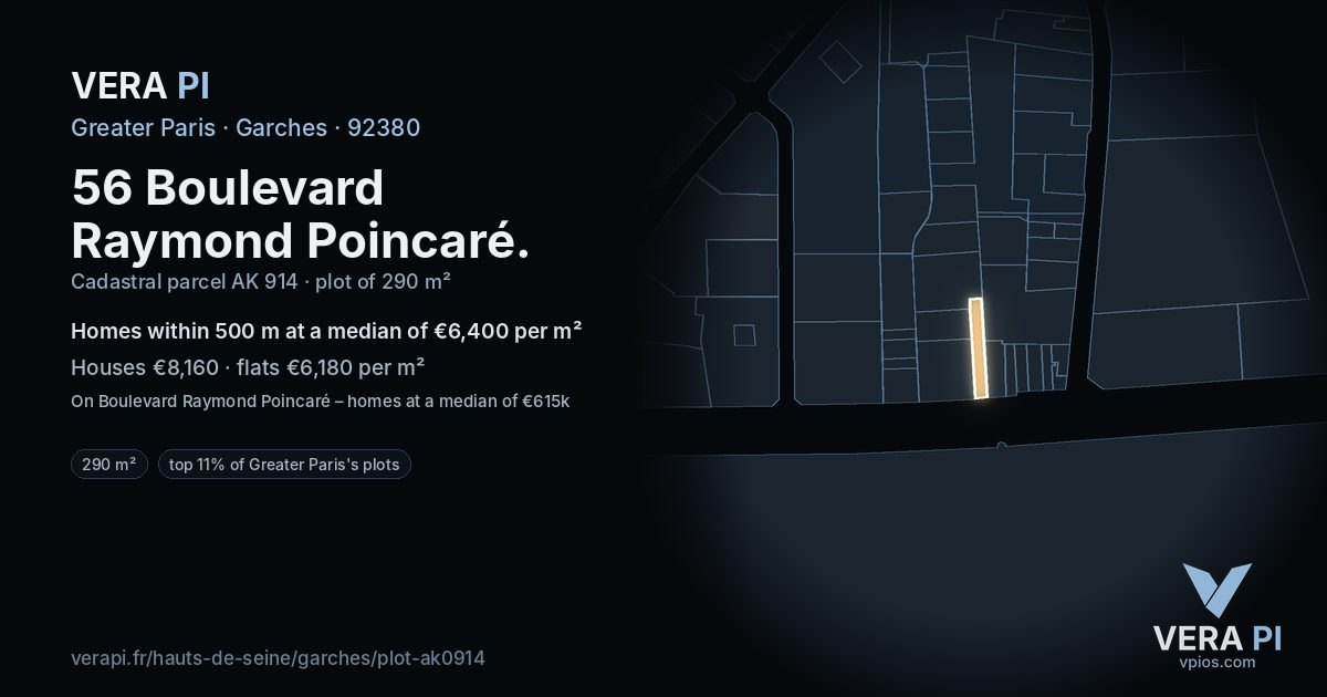 56 Boulevard Raymond Poincaré, Garches at night – the plot lit, the parcels around coloured by the prices near them