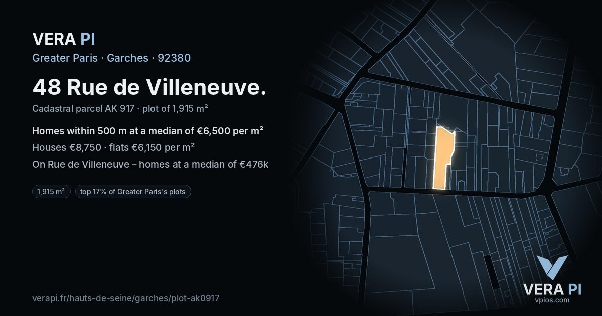 48 Rue de Villeneuve, Garches at night – the plot lit, the parcels around coloured by the prices near them