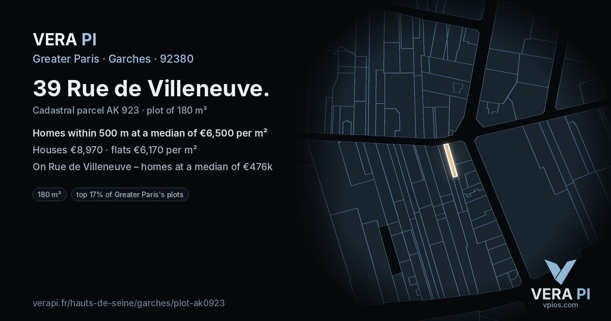 39 Rue de Villeneuve, Garches at night – the plot lit, the parcels around coloured by the prices near them