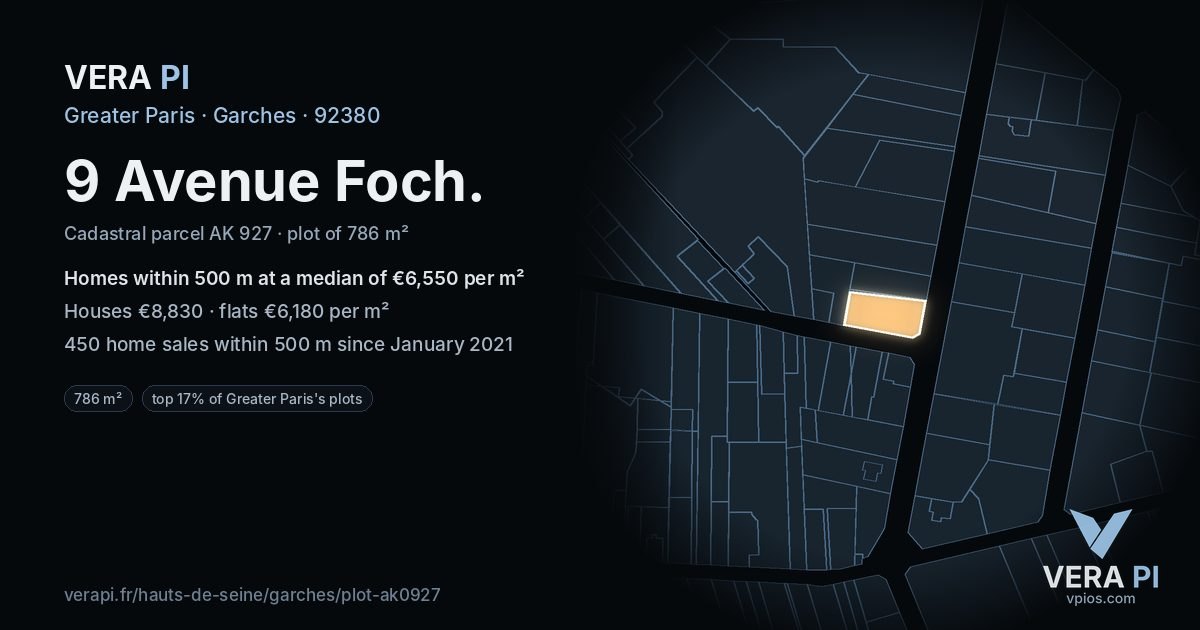 9 Avenue Foch, Garches at night – the plot lit, the parcels around coloured by the prices near them