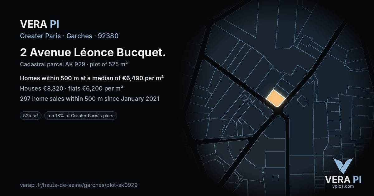 2 Avenue Léonce Bucquet, Garches at night – the plot lit, the parcels around coloured by the prices near them