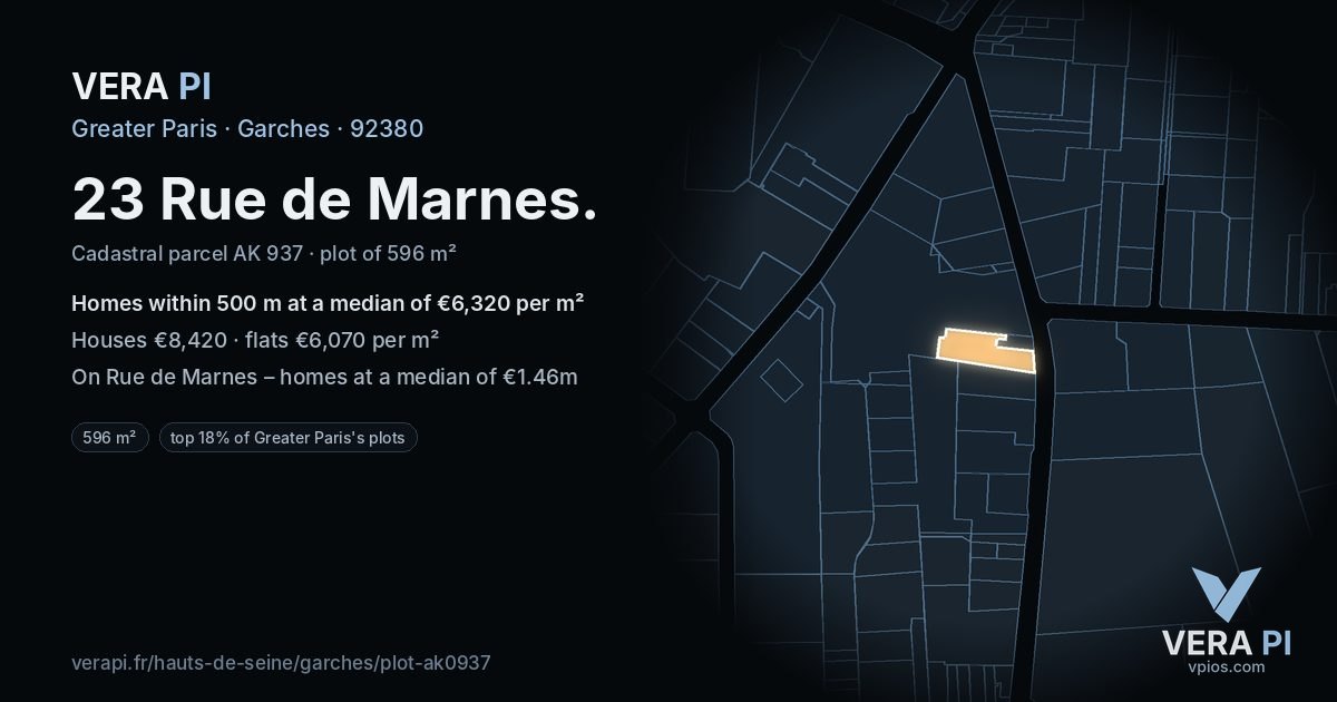 23 Rue de Marnes, Garches at night – the plot lit, the parcels around coloured by the prices near them