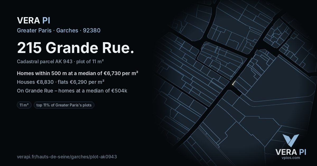 215 Grande Rue, Garches at night – the plot lit, the parcels around coloured by the prices near them