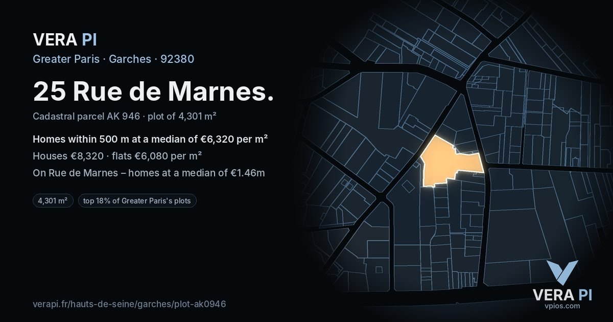 25 Rue de Marnes, Garches at night – the plot lit, the parcels around coloured by the prices near them