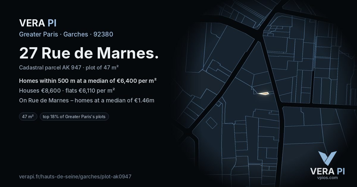 27 Rue de Marnes, Garches at night – the plot lit, the parcels around coloured by the prices near them