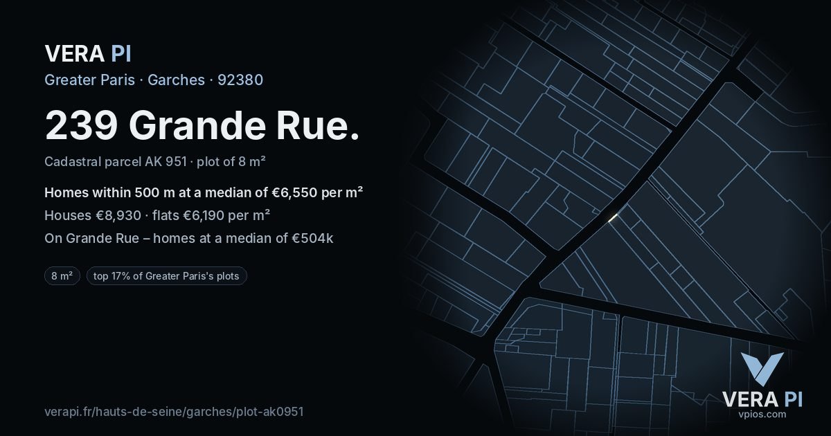 239 Grande Rue, Garches at night – the plot lit, the parcels around coloured by the prices near them