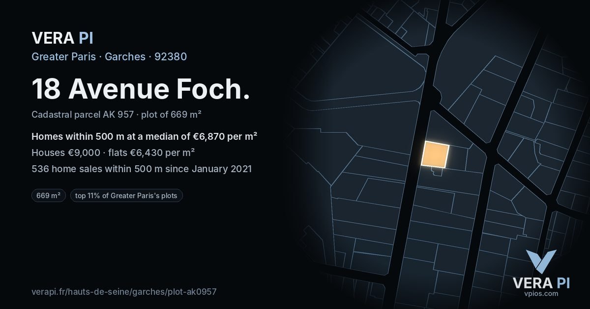 18 Avenue Foch, Garches at night – the plot lit, the parcels around coloured by the prices near them
