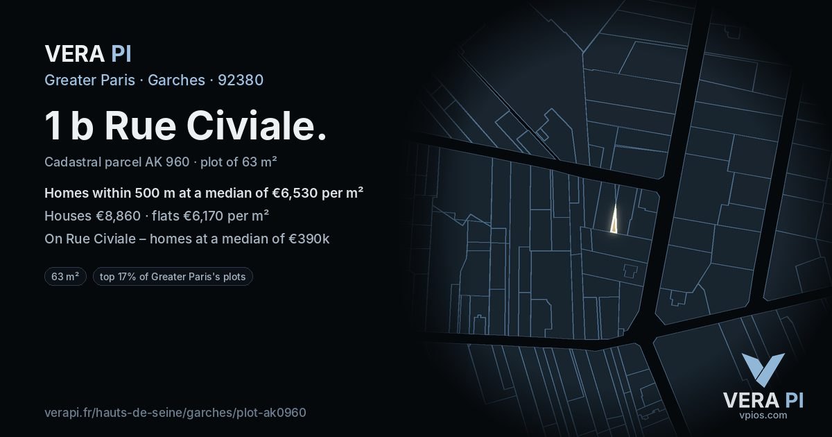 1 b Rue Civiale, Garches at night – the plot lit, the parcels around coloured by the prices near them