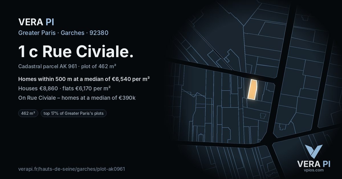 1 c Rue Civiale, Garches at night – the plot lit, the parcels around coloured by the prices near them