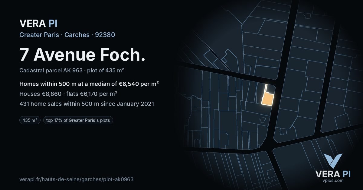 7 Avenue Foch, Garches at night – the plot lit, the parcels around coloured by the prices near them