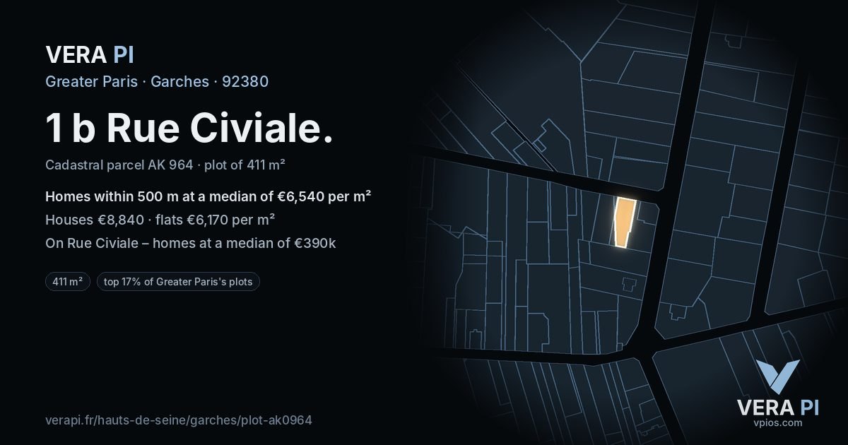 1 b Rue Civiale, Garches at night – the plot lit, the parcels around coloured by the prices near them