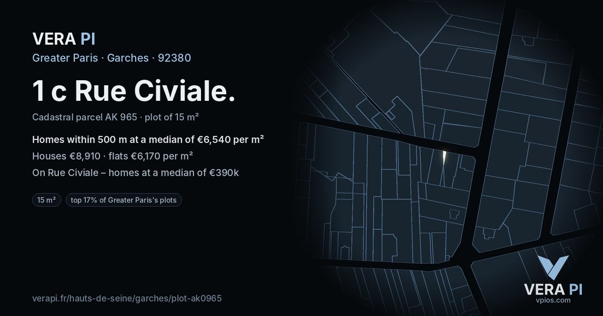 1 c Rue Civiale, Garches at night – the plot lit, the parcels around coloured by the prices near them