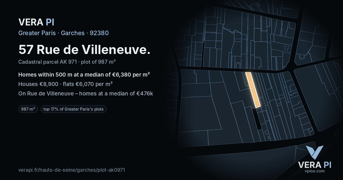 57 Rue de Villeneuve, Garches at night – the plot lit, the parcels around coloured by the prices near them