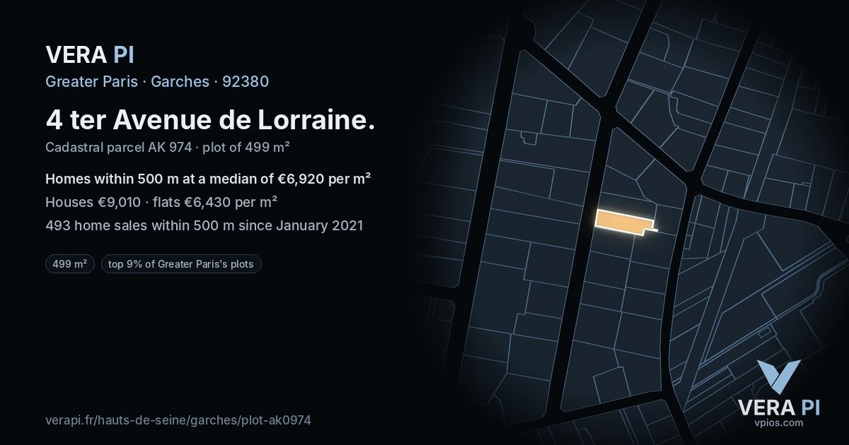 4 ter Avenue de Lorraine, Garches at night – the plot lit, the parcels around coloured by the prices near them
