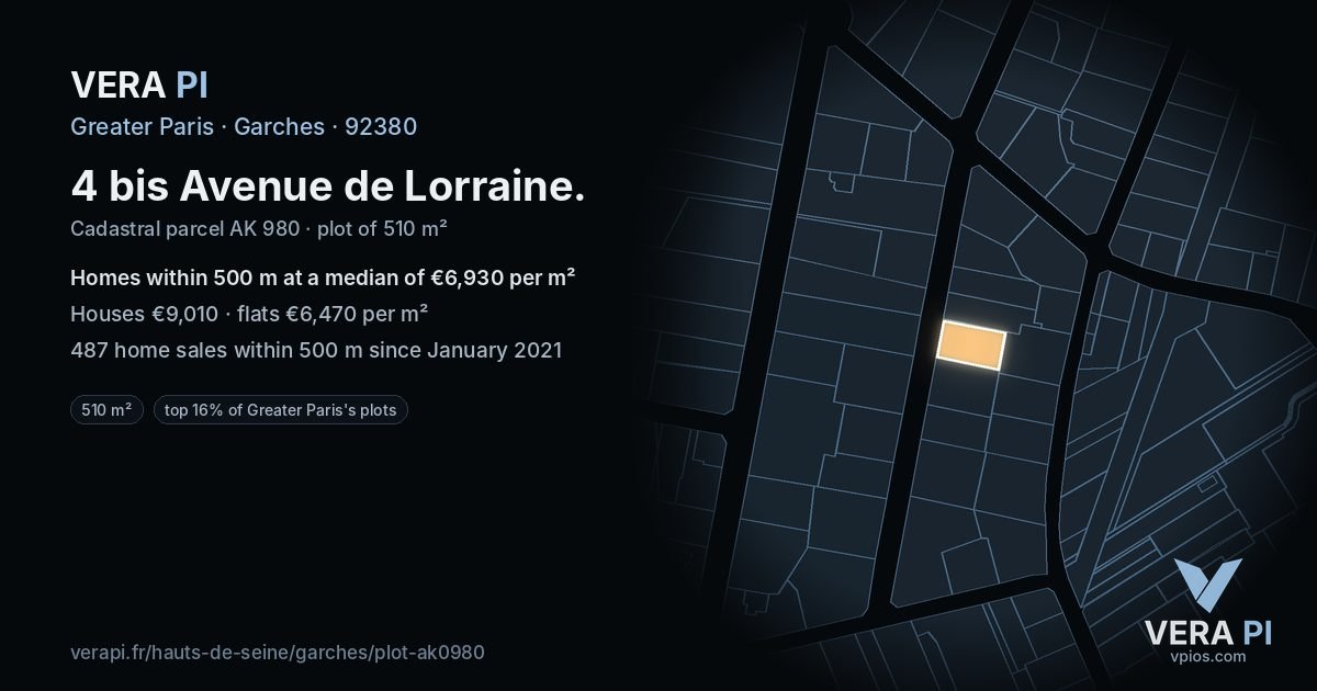 4 bis Avenue de Lorraine, Garches at night – the plot lit, the parcels around coloured by the prices near them