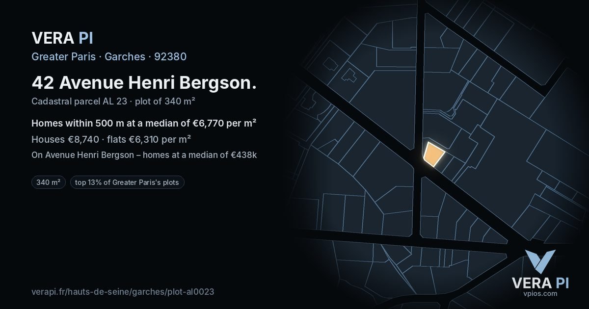 42 Avenue Henri Bergson, Garches at night – the plot lit, the parcels around coloured by the prices near them