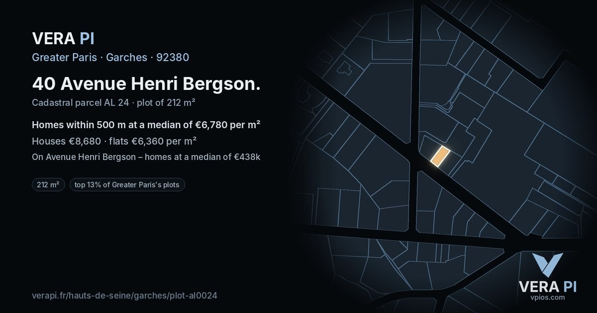 40 Avenue Henri Bergson, Garches at night – the plot lit, the parcels around coloured by the prices near them