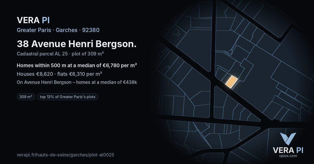38 Avenue Henri Bergson, Garches at night – the plot lit, the parcels around coloured by the prices near them
