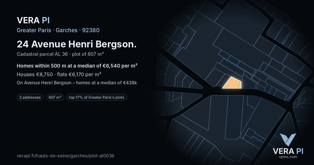 24 Avenue Henri Bergson, Garches at night – the plot lit, the parcels around coloured by the prices near them