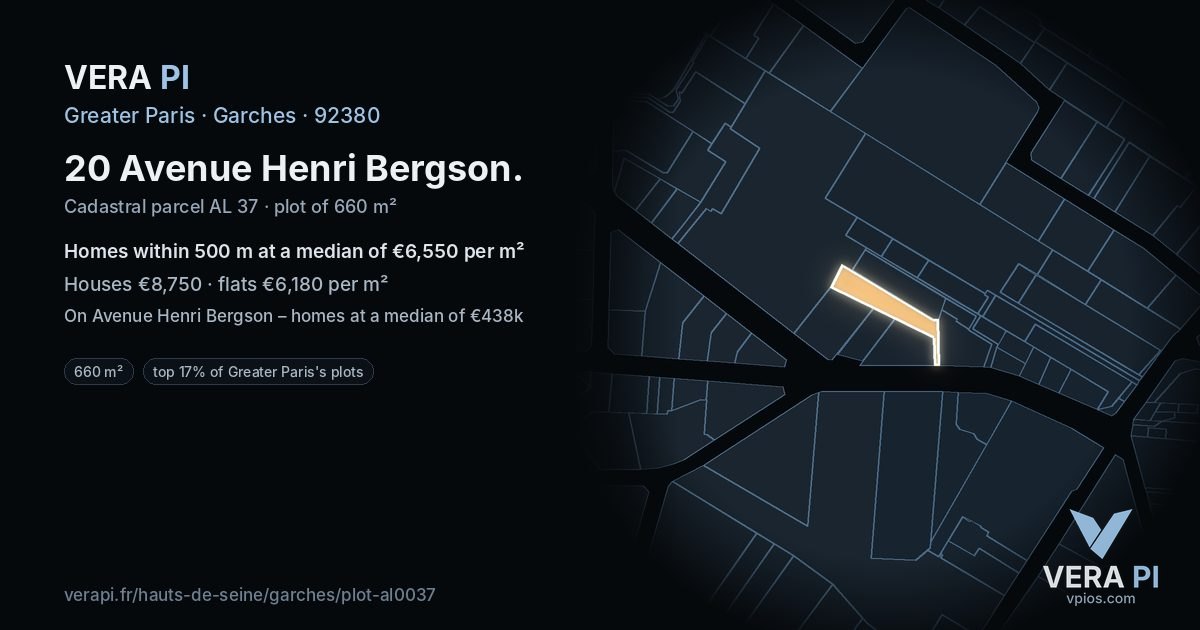 20 Avenue Henri Bergson, Garches at night – the plot lit, the parcels around coloured by the prices near them