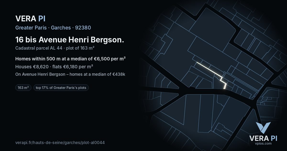 16 bis Avenue Henri Bergson, Garches at night – the plot lit, the parcels around coloured by the prices near them