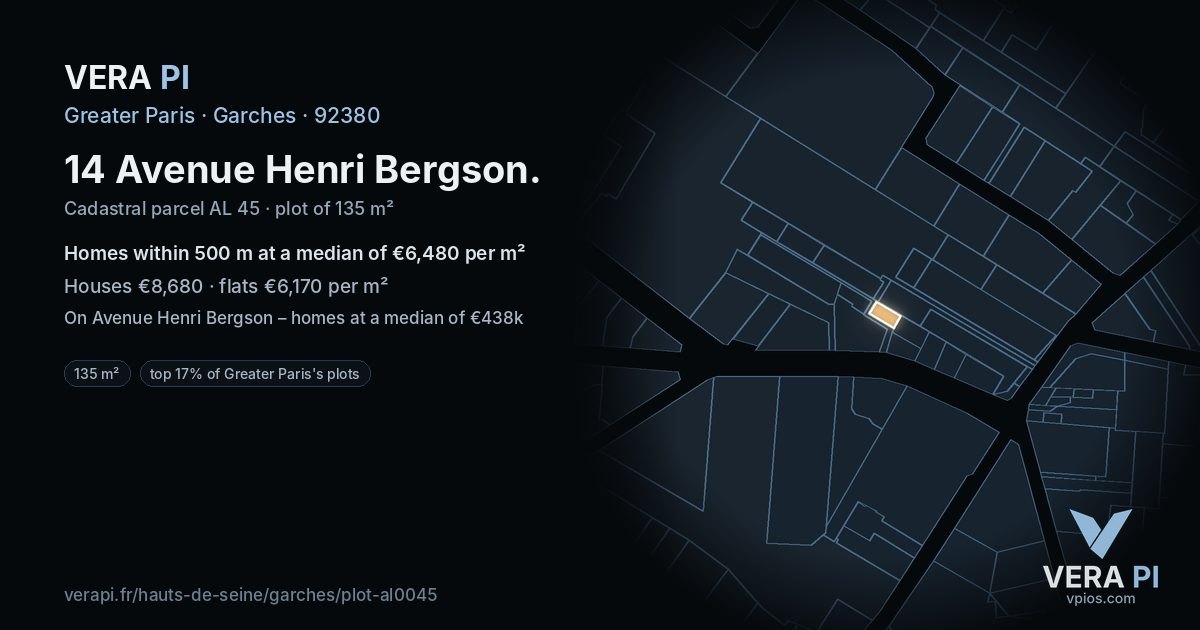 14 Avenue Henri Bergson, Garches at night – the plot lit, the parcels around coloured by the prices near them