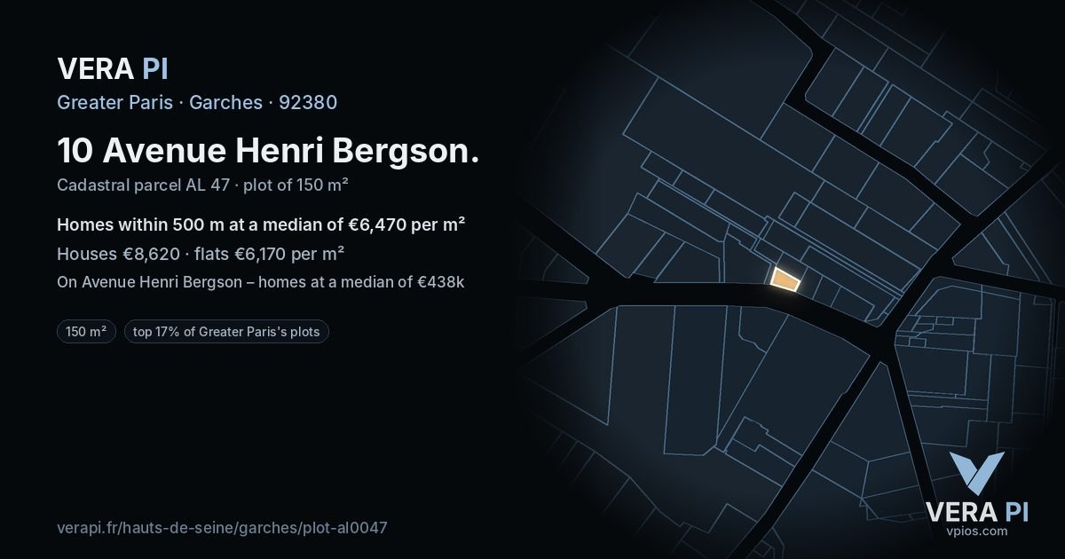 10 Avenue Henri Bergson, Garches at night – the plot lit, the parcels around coloured by the prices near them
