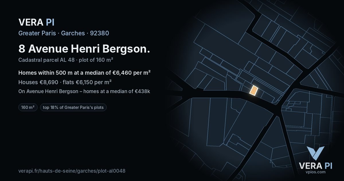 8 Avenue Henri Bergson, Garches at night – the plot lit, the parcels around coloured by the prices near them