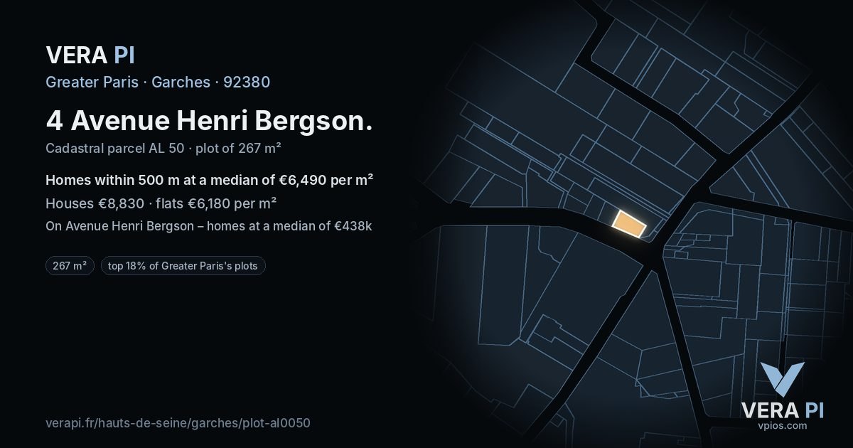 4 Avenue Henri Bergson, Garches at night – the plot lit, the parcels around coloured by the prices near them
