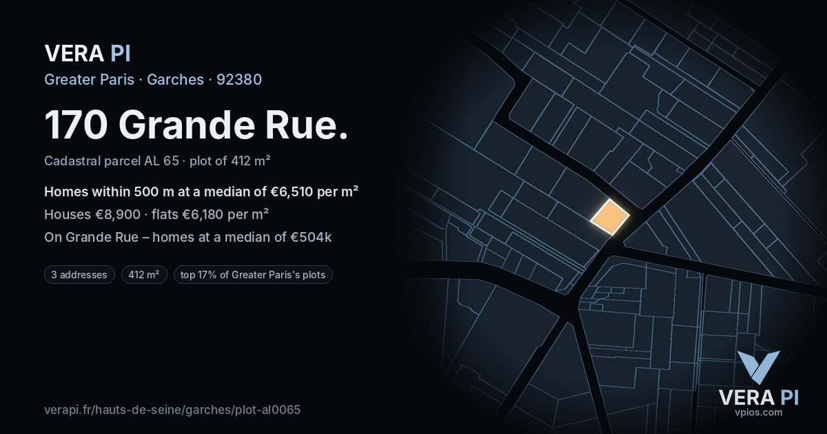 170 Grande Rue, Garches at night – the plot lit, the parcels around coloured by the prices near them