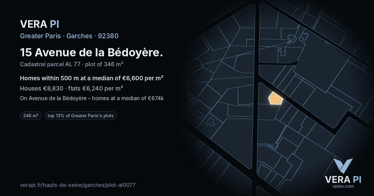 15 Avenue de la Bédoyère, Garches at night – the plot lit, the parcels around coloured by the prices near them