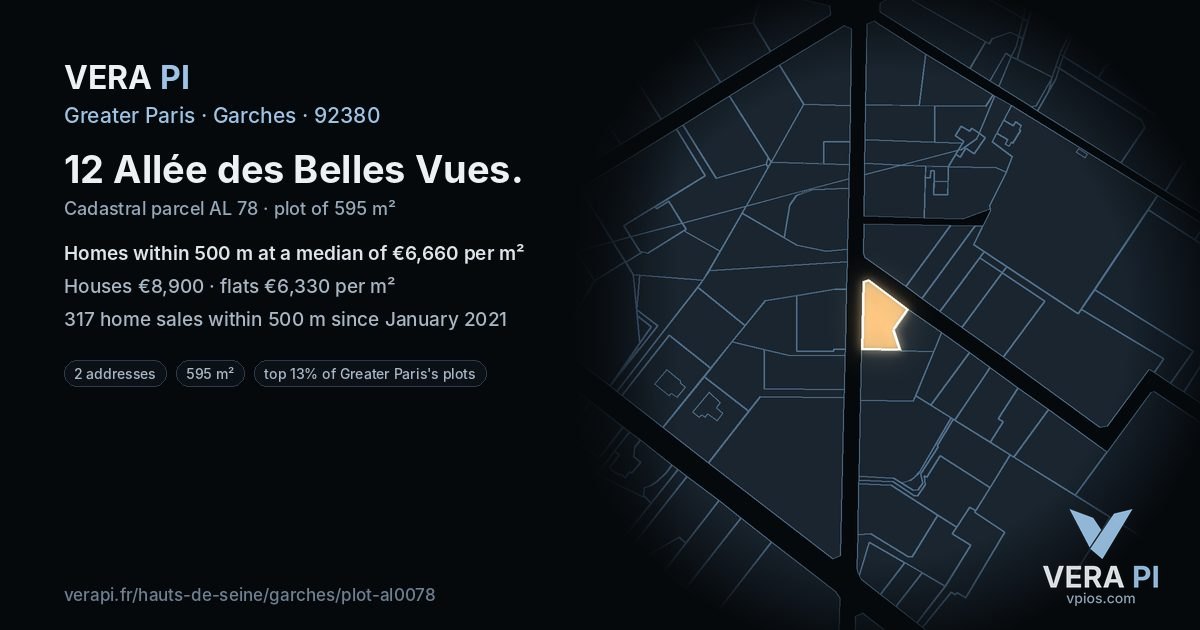 12 Allée des Belles Vues, Garches at night – the plot lit, the parcels around coloured by the prices near them