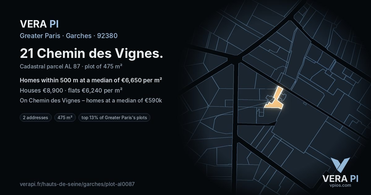 21 Chemin des Vignes, Garches at night – the plot lit, the parcels around coloured by the prices near them