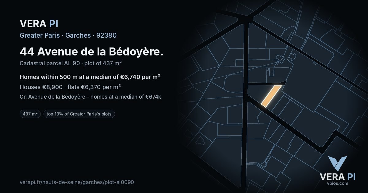 44 Avenue de la Bédoyère, Garches at night – the plot lit, the parcels around coloured by the prices near them