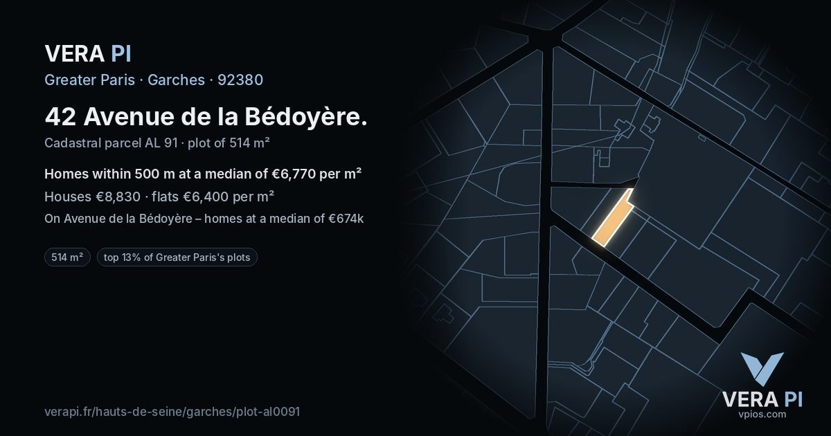 42 Avenue de la Bédoyère, Garches at night – the plot lit, the parcels around coloured by the prices near them