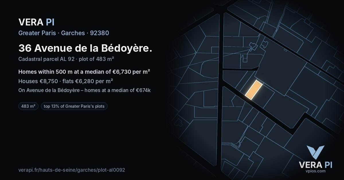 36 Avenue de la Bédoyère, Garches at night – the plot lit, the parcels around coloured by the prices near them
