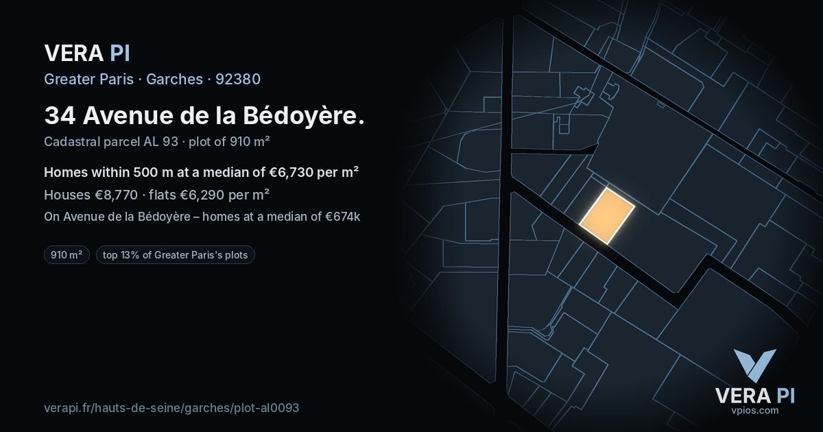34 Avenue de la Bédoyère, Garches at night – the plot lit, the parcels around coloured by the prices near them